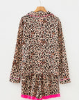 Leopard Contrast Trim Shirt and Ruffle Hem Short Set