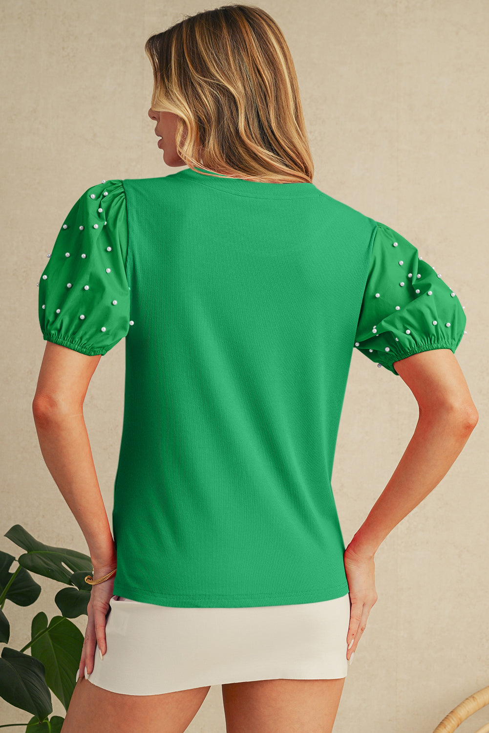 Pearl Beaded Puff Sleeve Ribbed Top