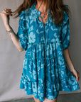 Flower 3/4 Sleeve Ruffle Tiered Dress