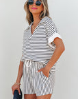 Chloe Stripe V Neck Tee Short Set