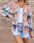 Plaid Corduroy Patchwork Pocketed Shacket