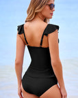 Solid Ruffle Crossed Cutout Tankini Set