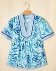 Plus Size Scallop Trim Floral Short Sleeve Blouse