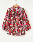 Floral 3/4 Sleeve Lace-Up Neck Blouse