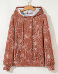 Floral Corded Knit Drawstring Kangaroo Pocket Hoodie