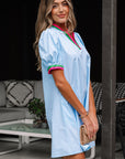 Colorblock Contrast Stripe V-Neck Puff Sleeve Mini Dress