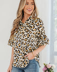 Leopard Ruffle Trim 3/4 Sleeve Buttoned Shirt