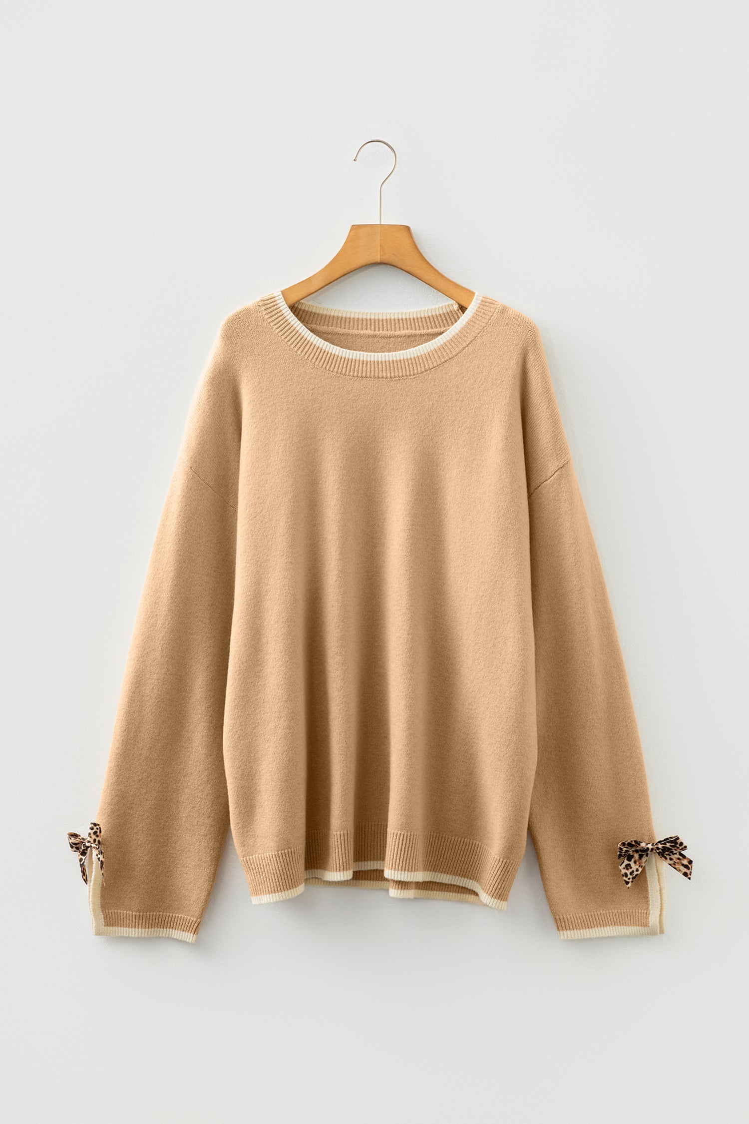 Plus Size Leopard Bow Split Cuff Sweater