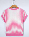 Stripe Textured Knit V-Neck Short Sleeve Top