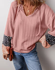 Floral Patchwork Textured Knit V-Neck Blouse