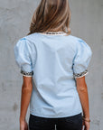 Leopard Contrast Trim Split Neck Puff Sleeve Blouse