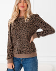 Leopard Ribbed Trim Long Sleeve Top