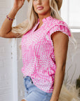 Cynthia Ric Rac Trim Flutter Sleeve Notch V Neck Blouse