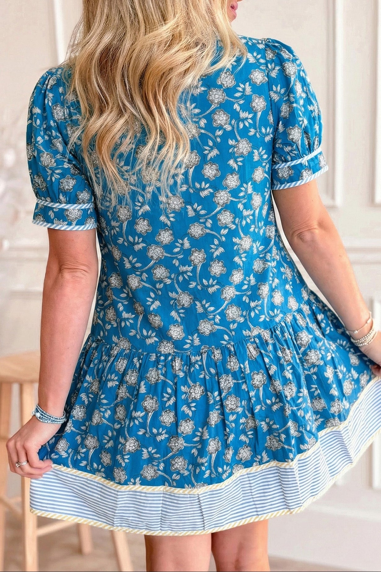 Floral Ruffle Stripe Trim Short Sleeve Buttoned Dress