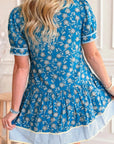 Floral Ruffle Stripe Trim Short Sleeve Buttoned Dress