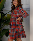 Plaid Frilled Collar Long Sleeve Mini Dress