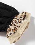 Black Contrast Leopard Print Patchwork Polo Collar Buttons Front Ruffled Long Sleeve Blouse