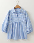Stripe Shirt Collar V-Neck Ricrac Trim Blouse