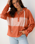 Stripe Waffle Patchwork Hooded Long Sleeve Top