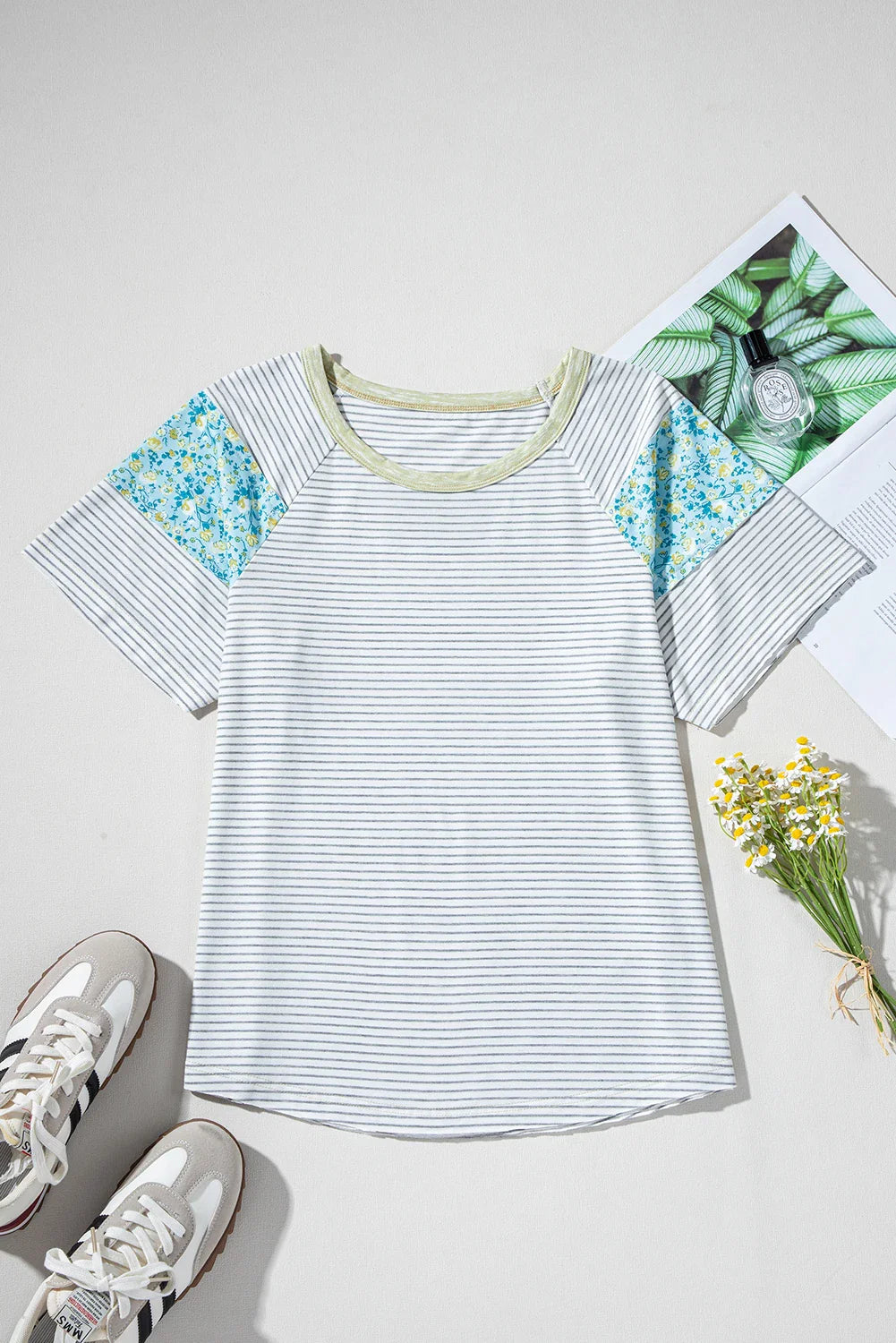 Floral Contrast Stripe Insert Sleeve Round Neck Tee