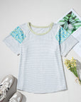 Floral Contrast Stripe Insert Sleeve Round Neck Tee