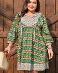 Plus Size Floral Stripe Trim 3/4 Sleeve Mini Dress