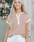 Stripe Half Buttoned Short Sleeve Top