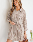 Stripe Tie Waist Puff Sleeve Mini Shirt Dress