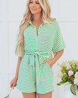 Stripe Short Sleeve Buttoned Collar Belted Romper