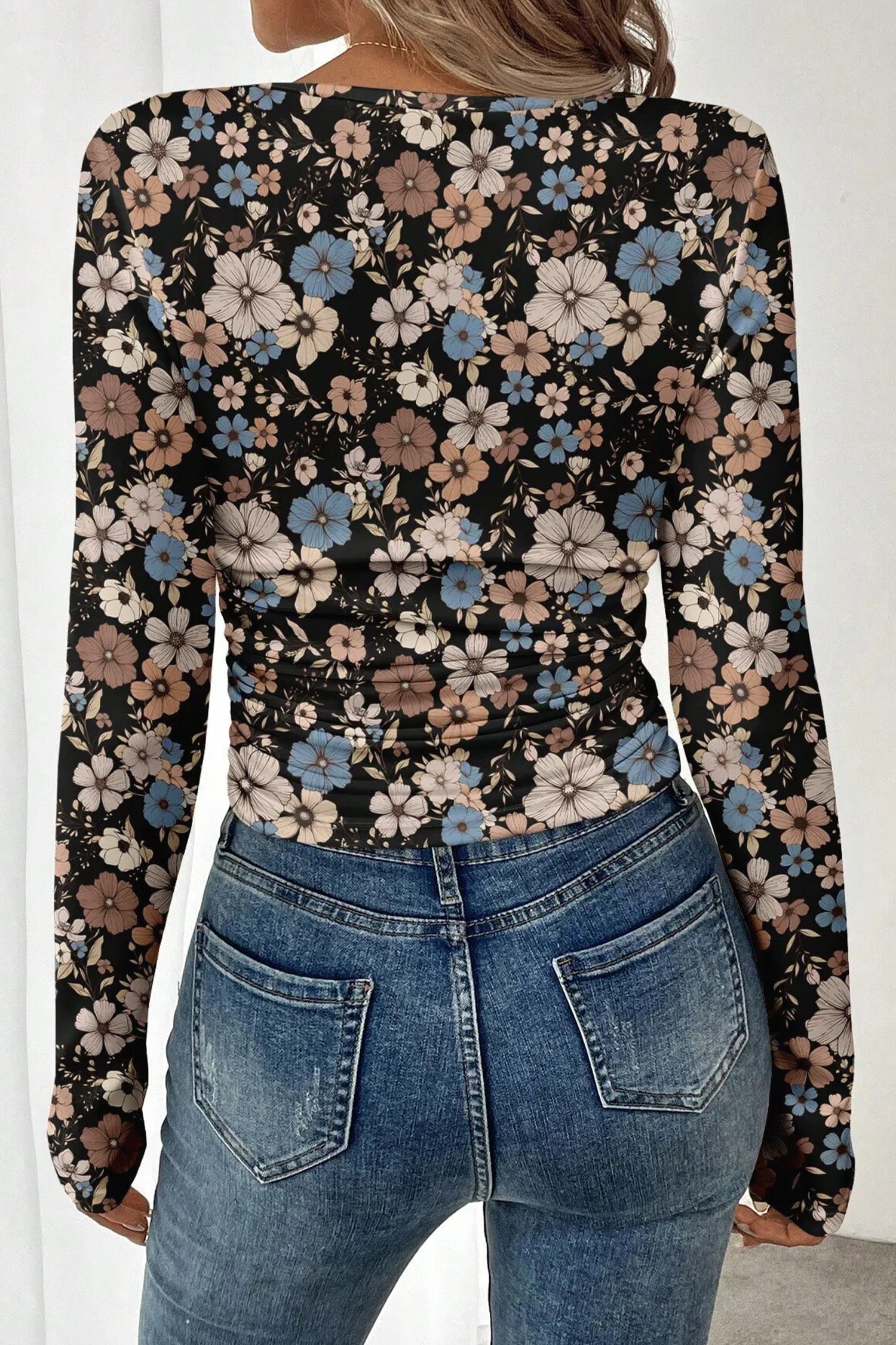Leopard &amp; Floral Square Neck Long Sleeve T-Shirt