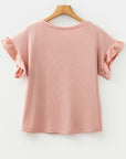 Solid Ribbed Knit Ruffle Short Sleeve T-Shirt