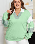 Plus Size Colorblock Stripe Patchwork Collared V-Neck Sweatshirt