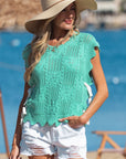 Pointelle Knit Scallop Trim Short Sleeve Sweater