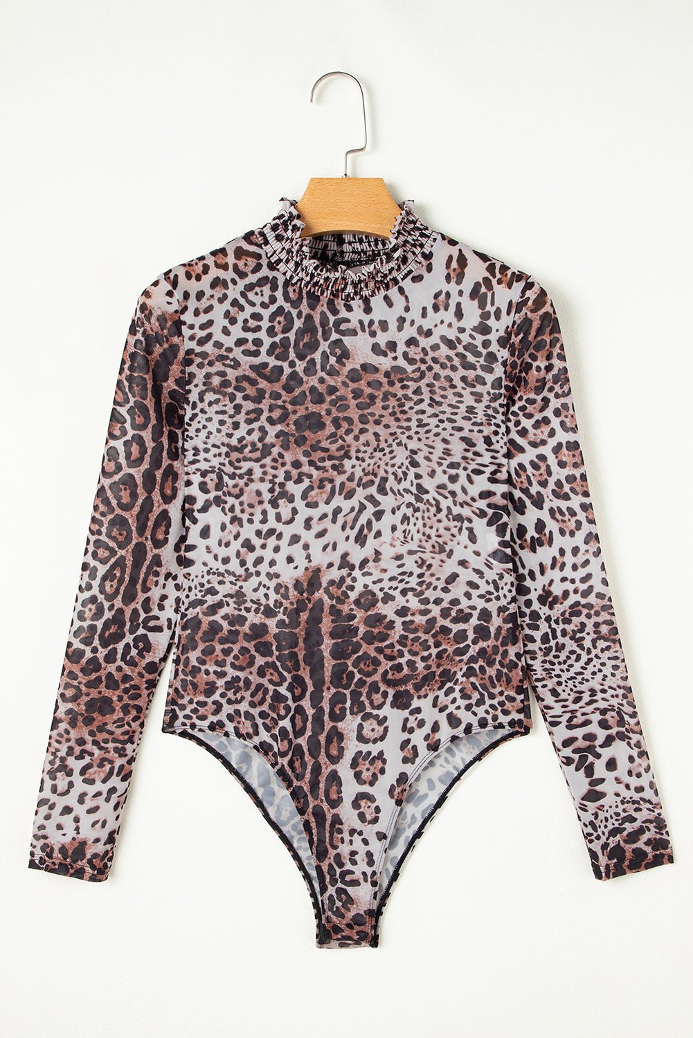 Leopard Smocked Neck Mesh Long Sleeve Bodysuit