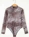 Leopard Smocked Neck Mesh Long Sleeve Bodysuit