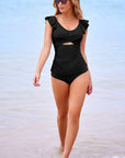 Solid Ruffle Crossed Cutout Tankini Set
