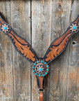 Two Tone Leaf Floral Turquoise One Ear & Breastcollar Tack Set 
