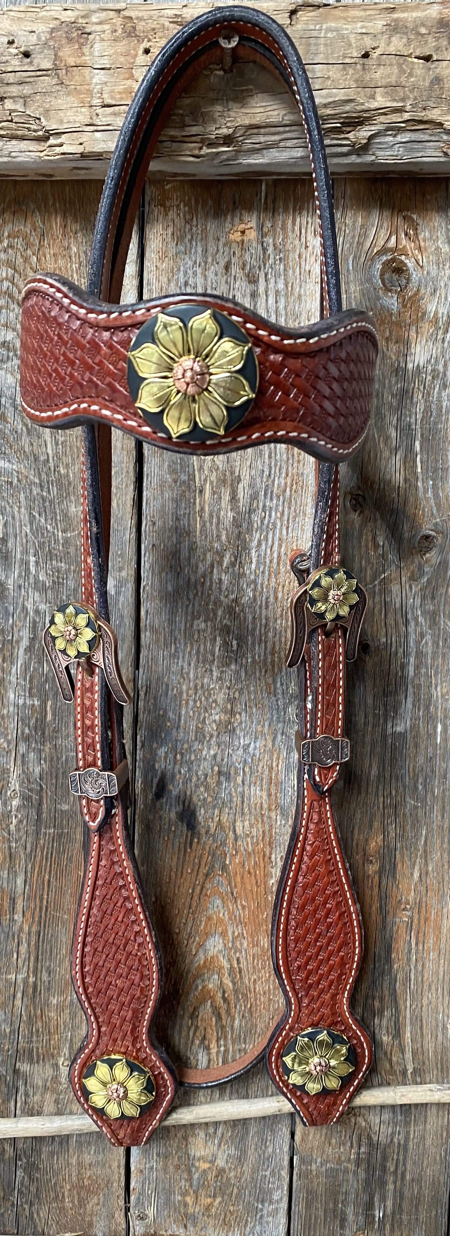 Basketweave Browband Headstall / Bridle - Gold Sunflowers 
