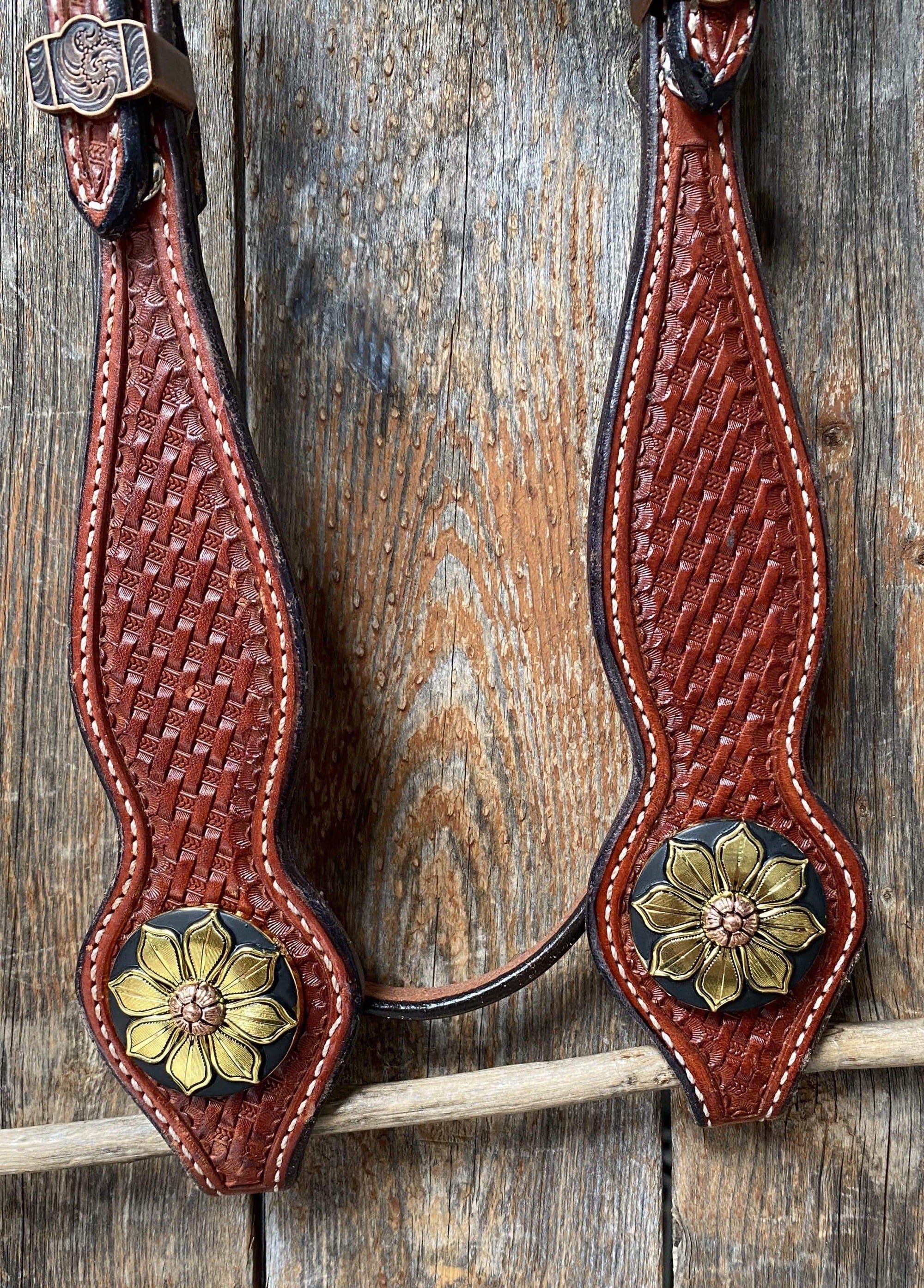 Basketweave Browband Headstall / Bridle - Gold Sunflowers 