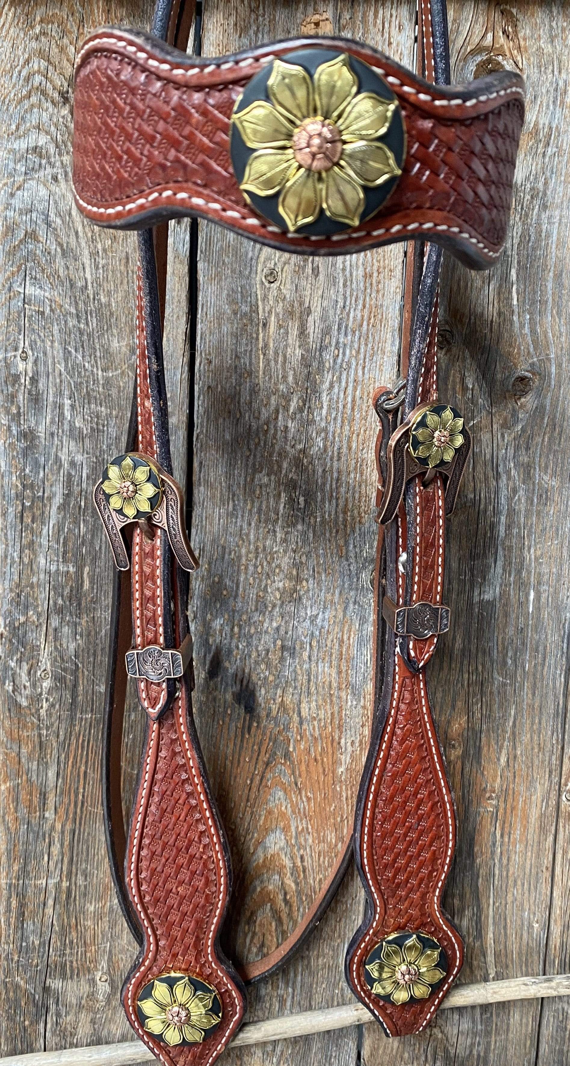 Basketweave Browband Headstall / Bridle - Gold Sunflowers 