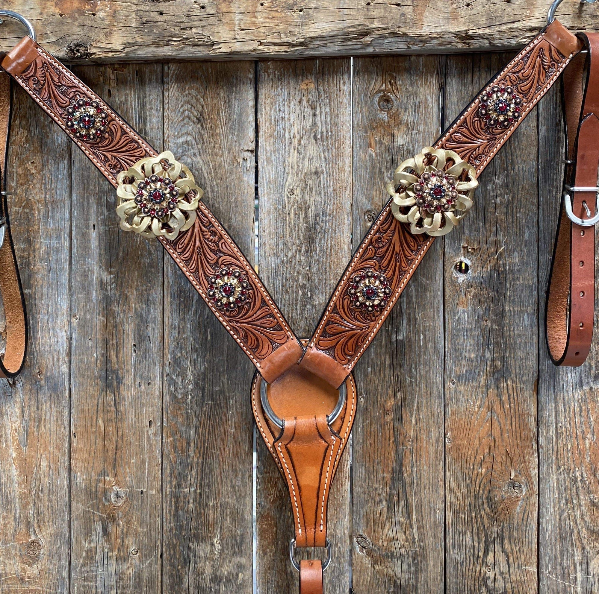 Breastcollar - Gold Flowers &amp; European Crystal Conchos 