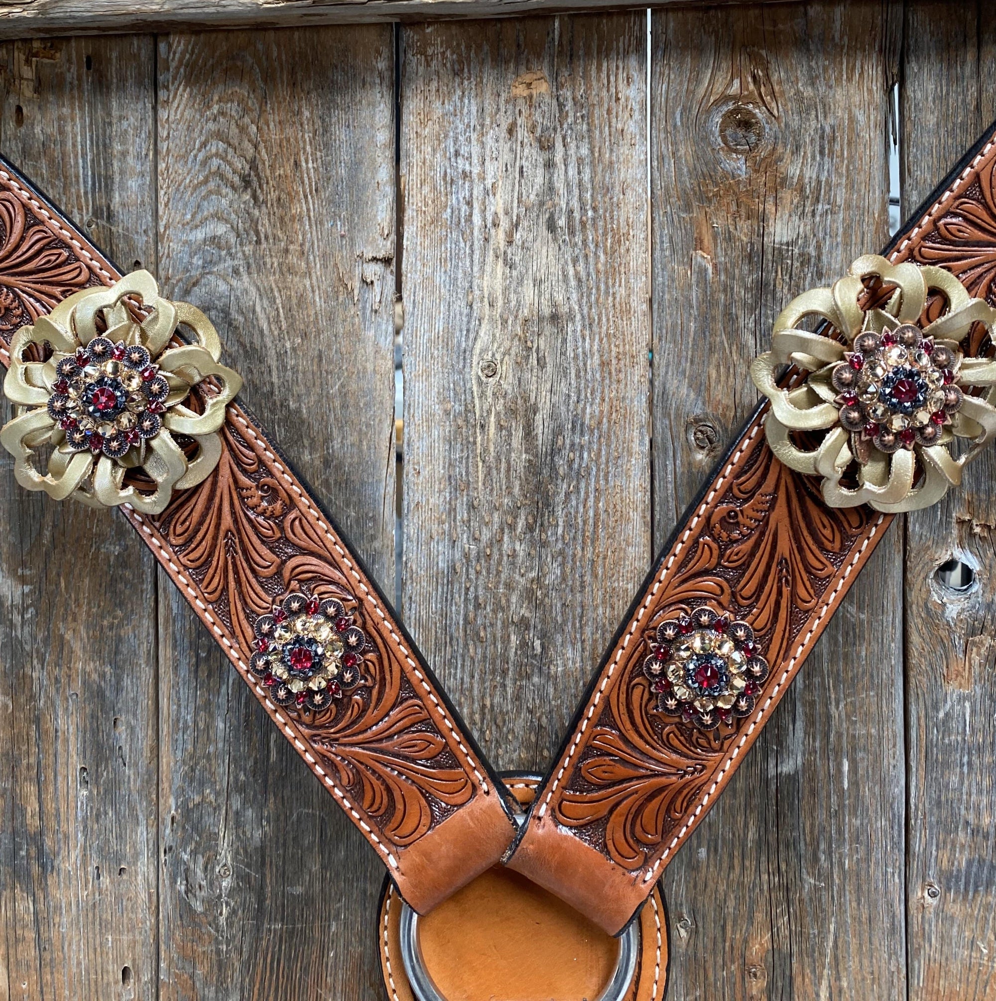 Breastcollar - Gold Flowers &amp; European Crystal Conchos 