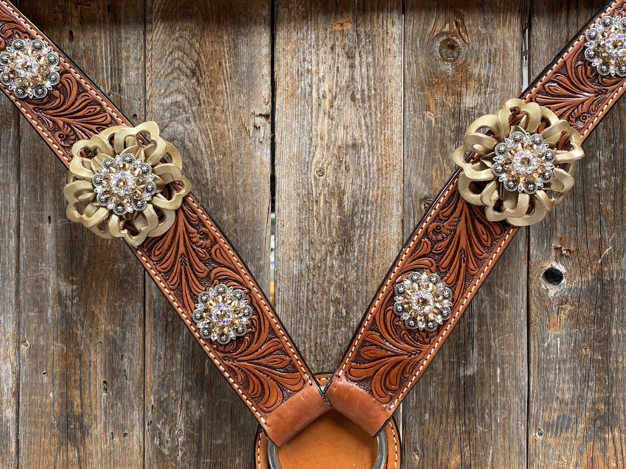 Breastcollar - Gold Flowers &amp; European Crystal Conchos 