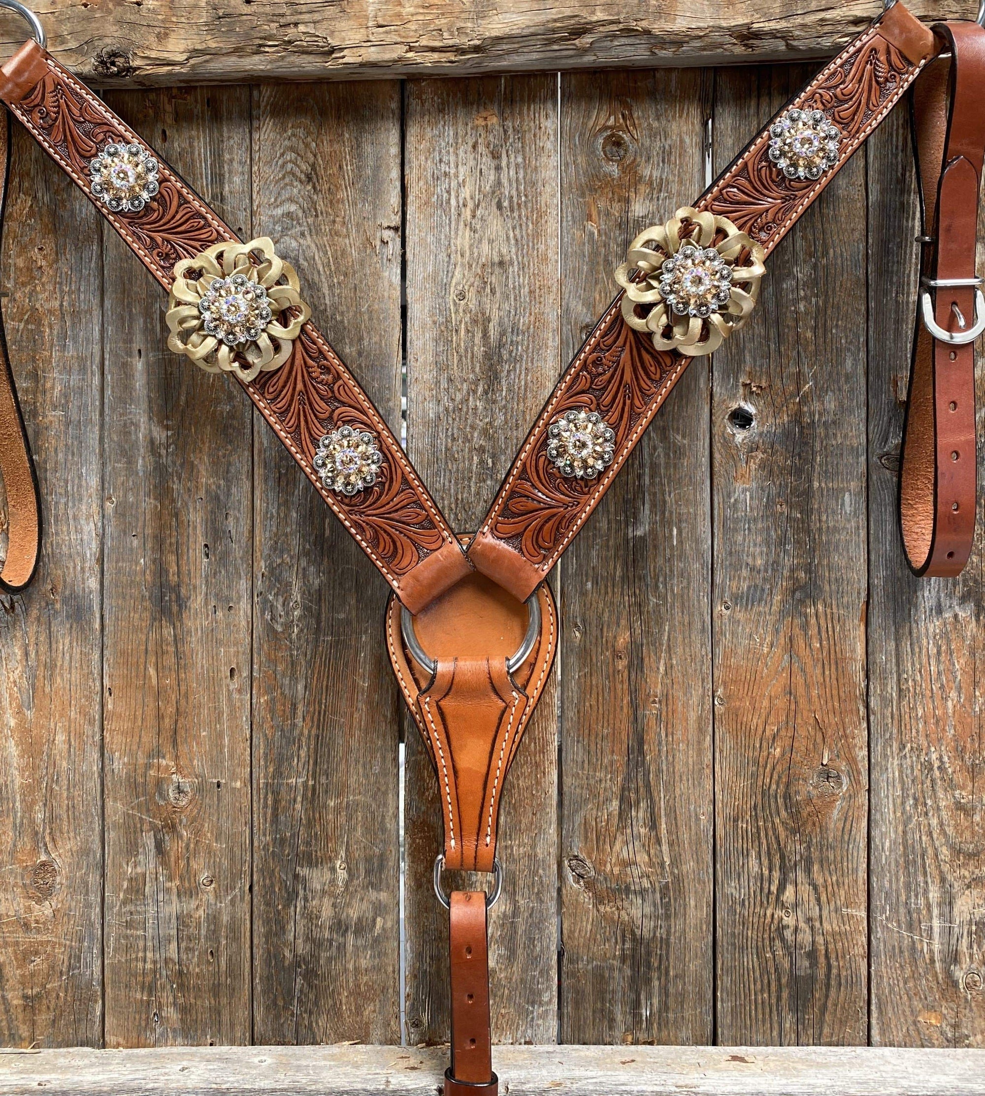 Breastcollar - Gold Flowers &amp; European Crystal Conchos 