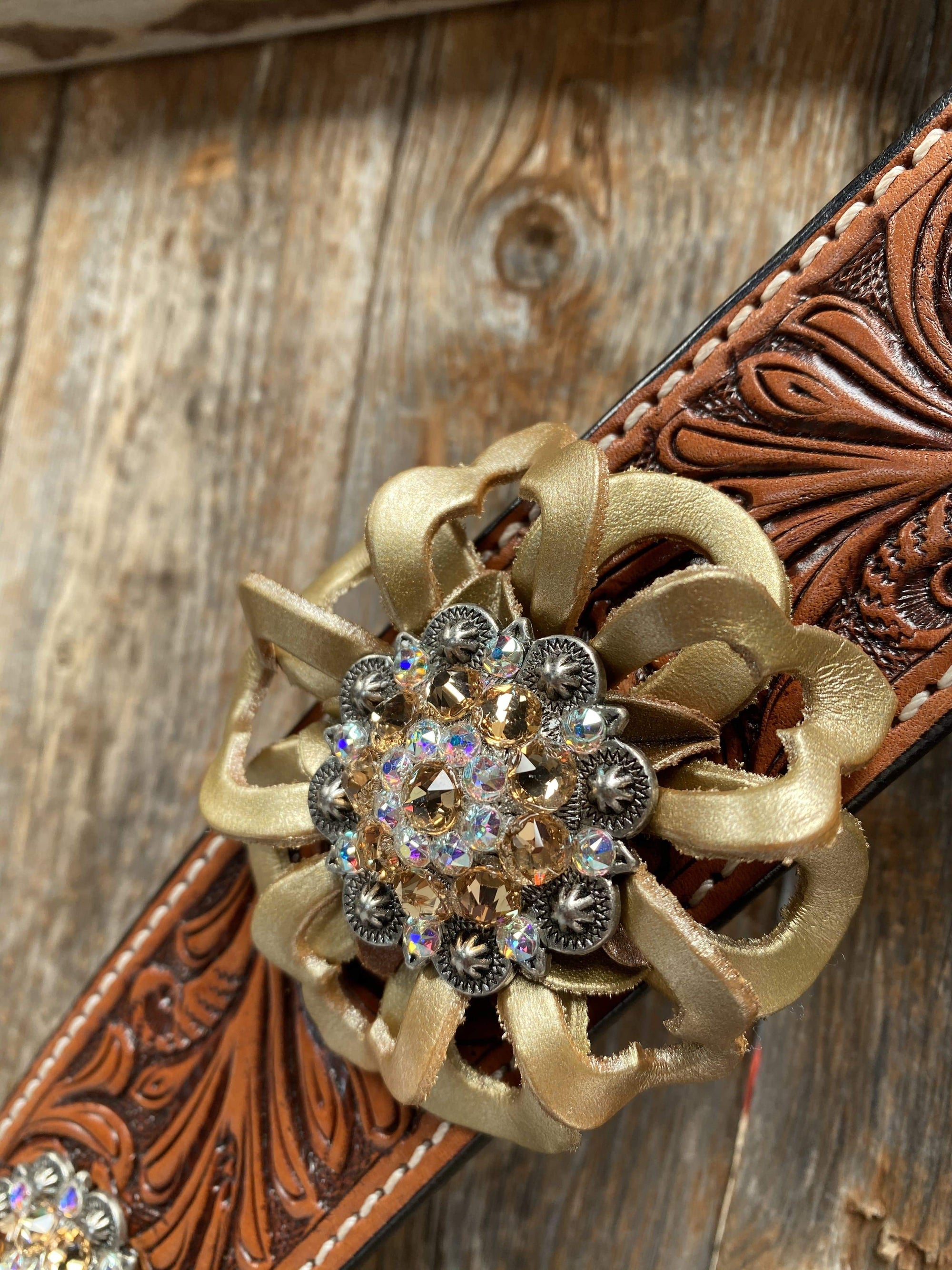 Breastcollar - Gold Flowers &amp; European Crystal Conchos 