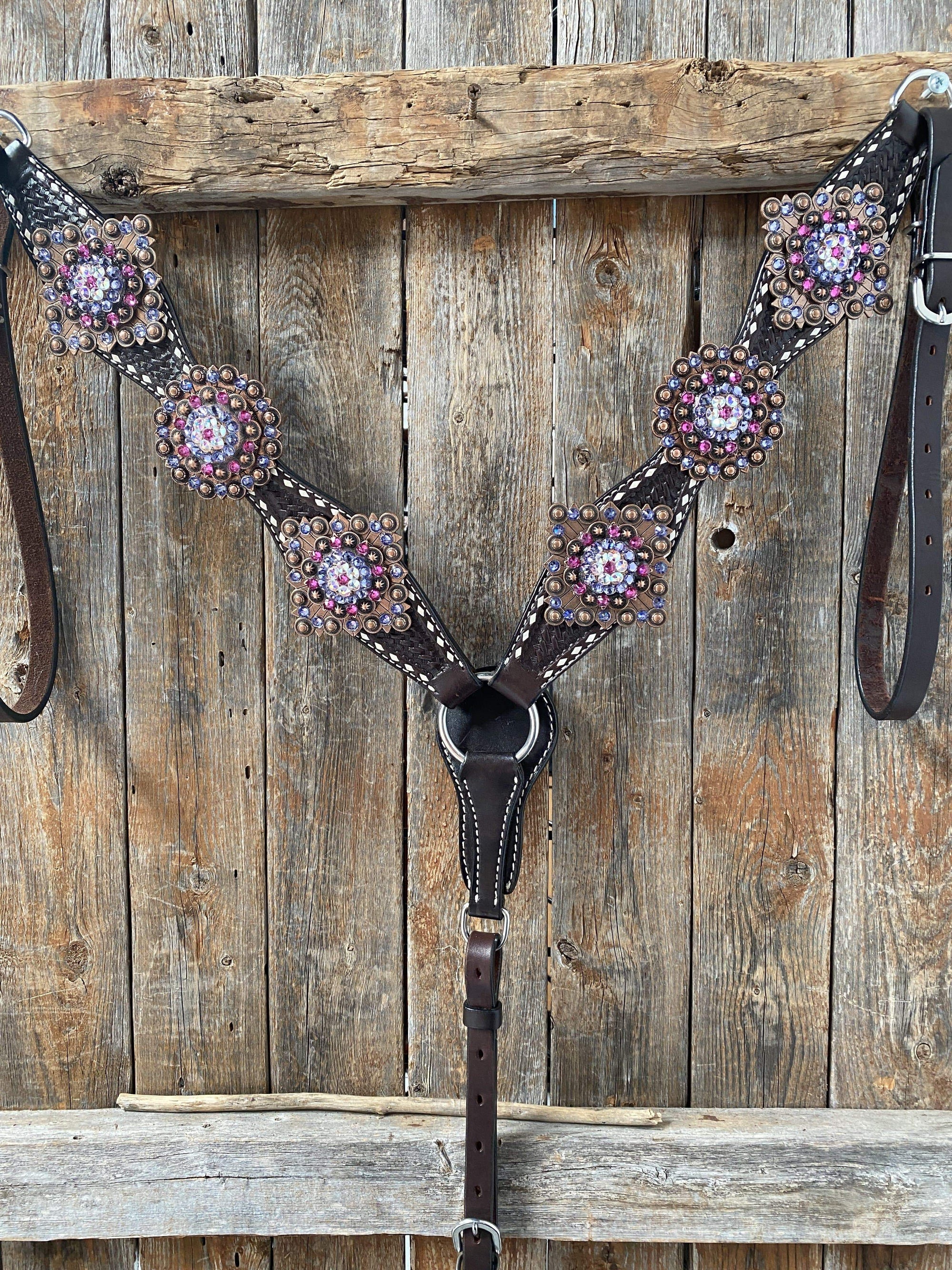 Dark Oil Buckstitch One Ear Headstall &amp; Breastcollar - Pink 