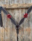 Dark Oil Buckstitch -Red Rose Browband Headstall & Breastcollar Tack Set 