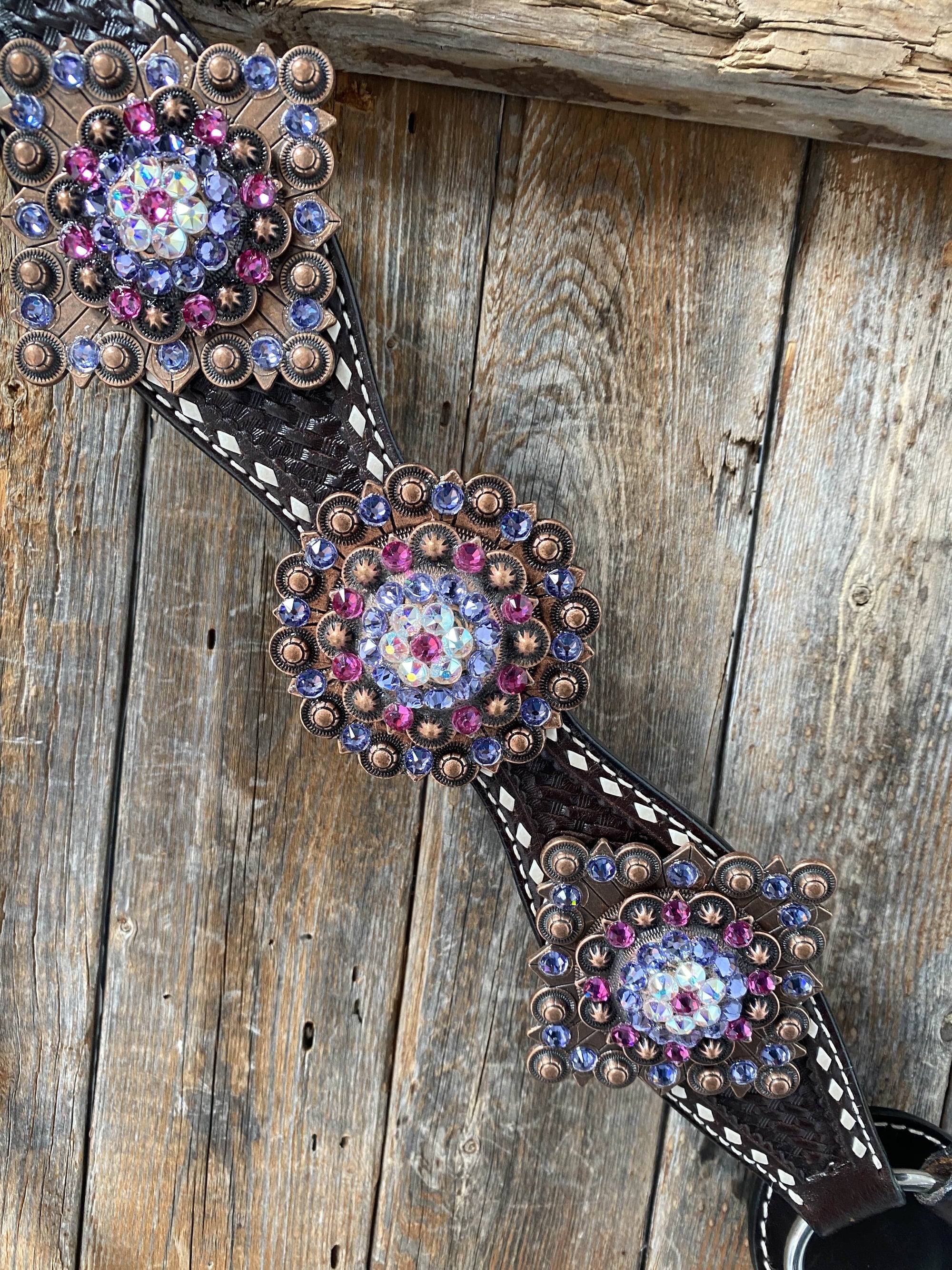 Dark Oil Buckstitch One Ear Headstall &amp; Breastcollar - Pink 