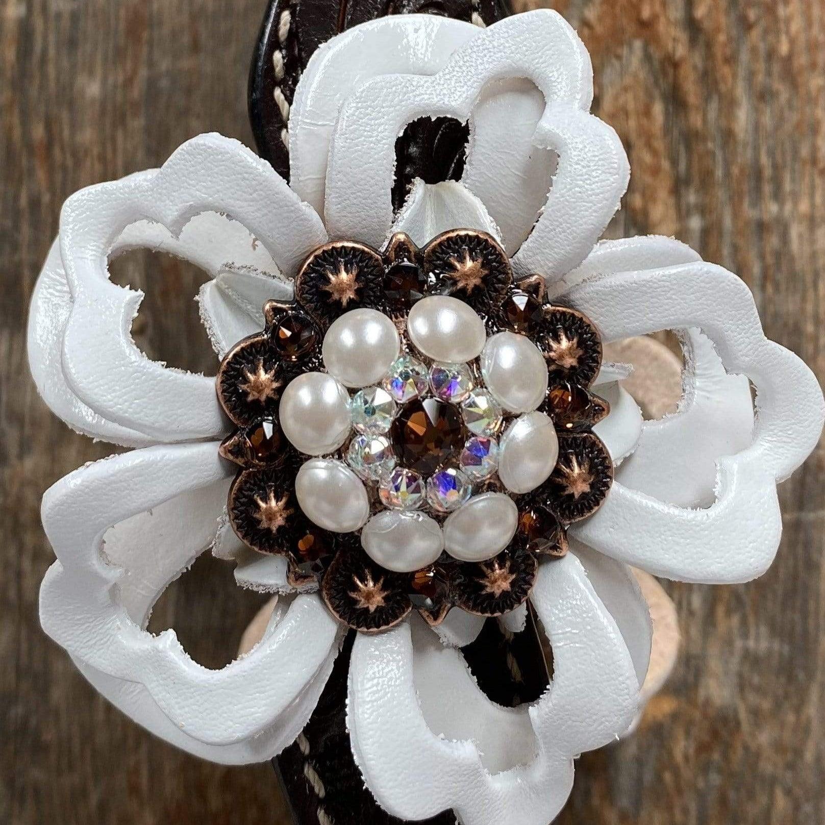 Dark Oil One Ear Headstall / Bridle - White Flower &amp; European Crystal Conchos 