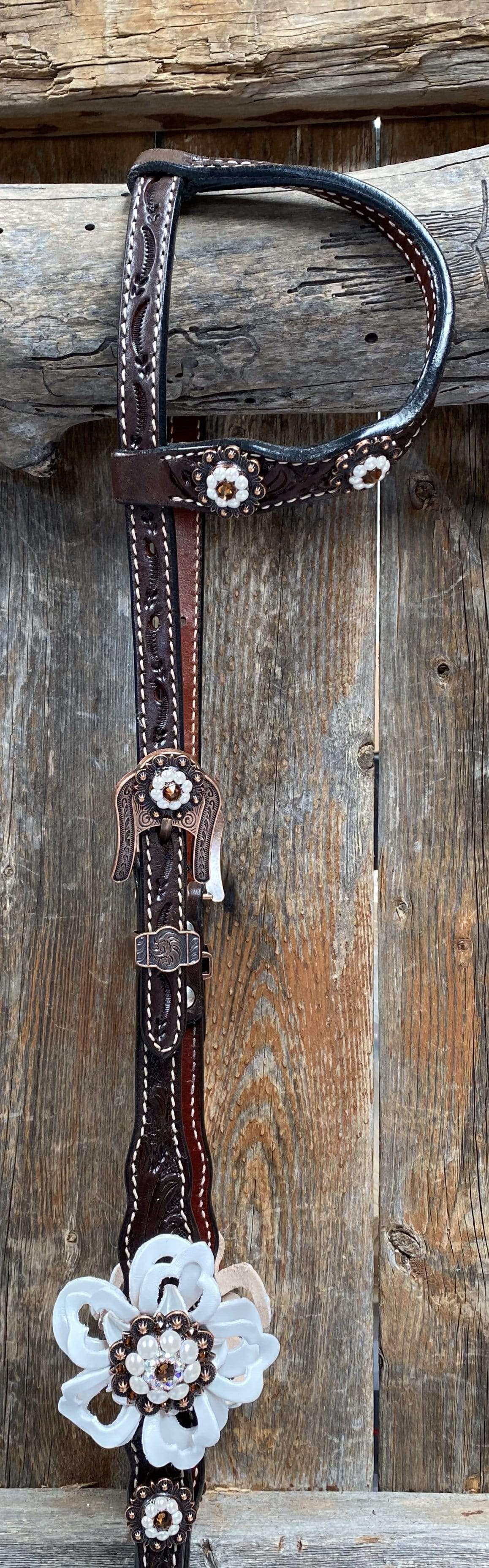 Dark Oil One Ear Headstall / Bridle - White Flower &amp; European Crystal Conchos 